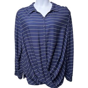 BLL NEW‎ YORK Navy Blue Striped Button Down Twist Front Hem Blouse 3X Nautical